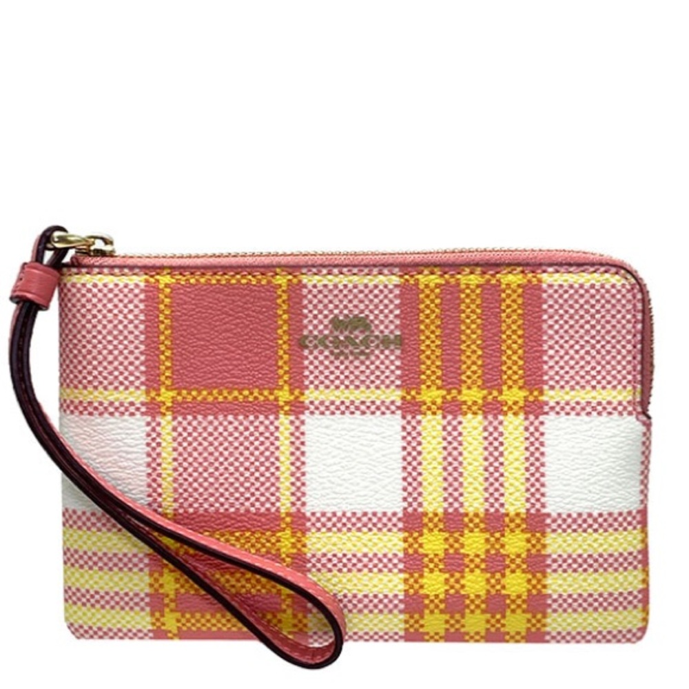 Coach Corner Zip Wristlet With Garden Plaid Print Gold/Taffy Multi C8683